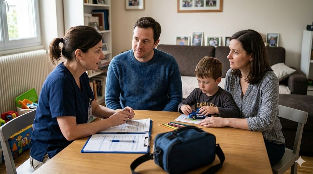 Infirmière en consultation à domicile avec un enfant et ses parents